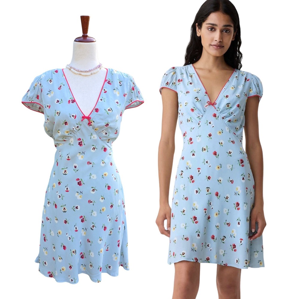 Gap x Doen Mini Dress Size 8 Blue Floral V-Neck Cottagecore V-Neck Bow Tie-Back
